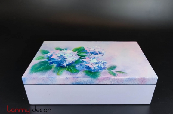 Purple rectangular lacquer box with hand-painted hydrangea flowers